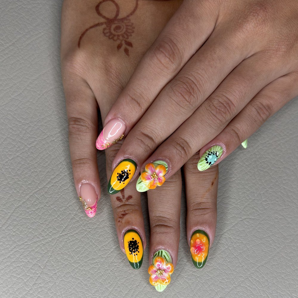Floral nail art design at Azema nail salon JVC Dubai